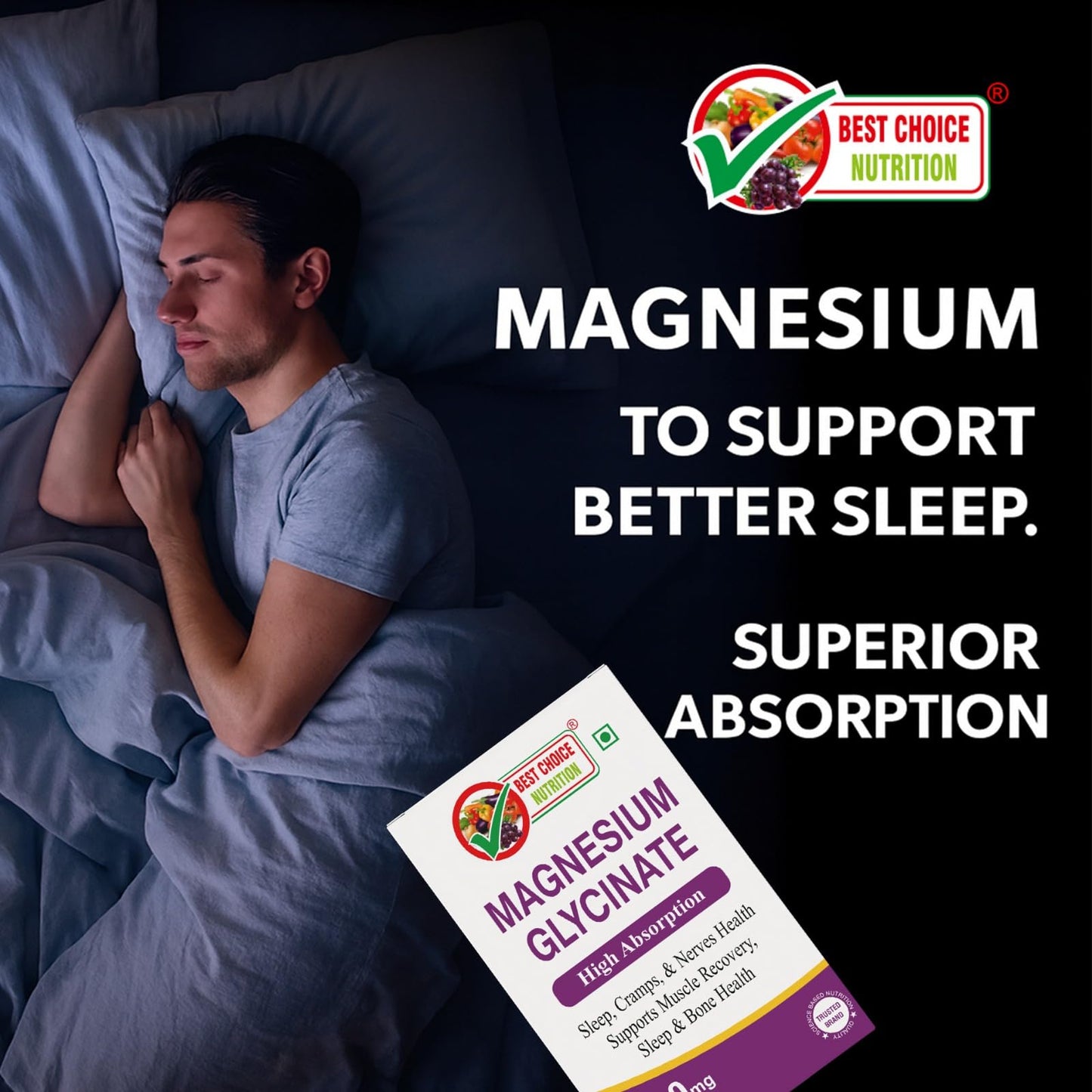 Best Choice Nutrition Magnesium Glycinate High Absorption, Supports Sleep, Cramps, Nerves, Muscle Recovery, Bone Health, Tablets (30 Tablets)