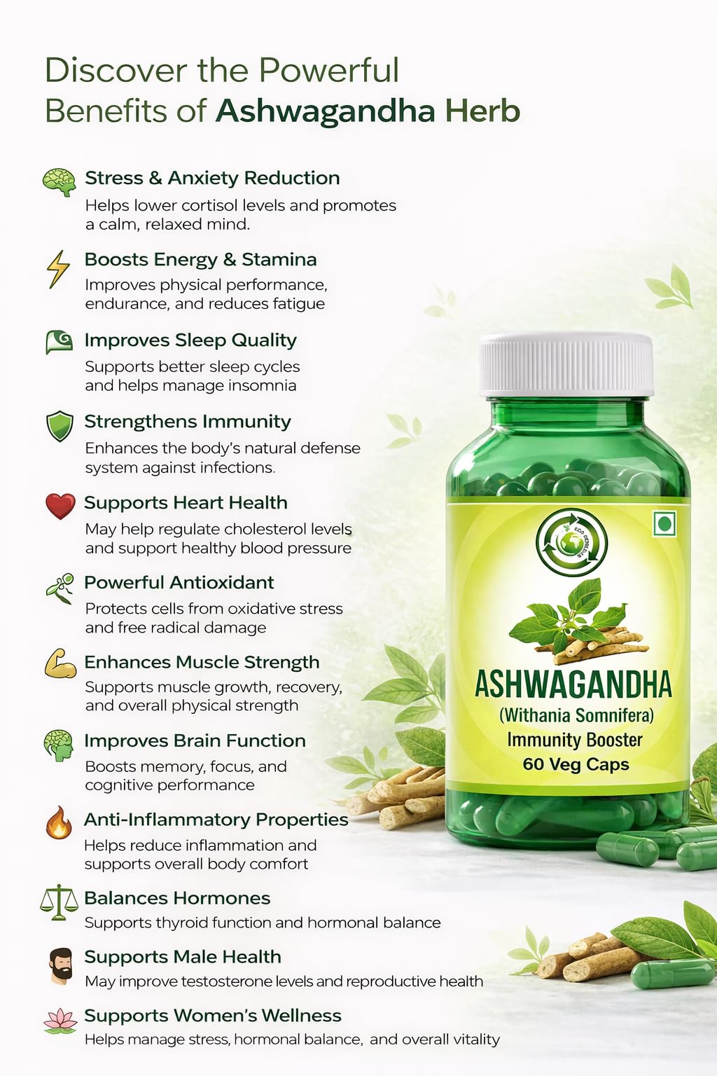 Ashwagandha Capsules | Natural Stress Relief, Sleep Support & Energy Booster | Ayurvedic Adaptogen for Calm, Focus & Stamina | 100% Herbal Supplement | 60 Veg Capsules