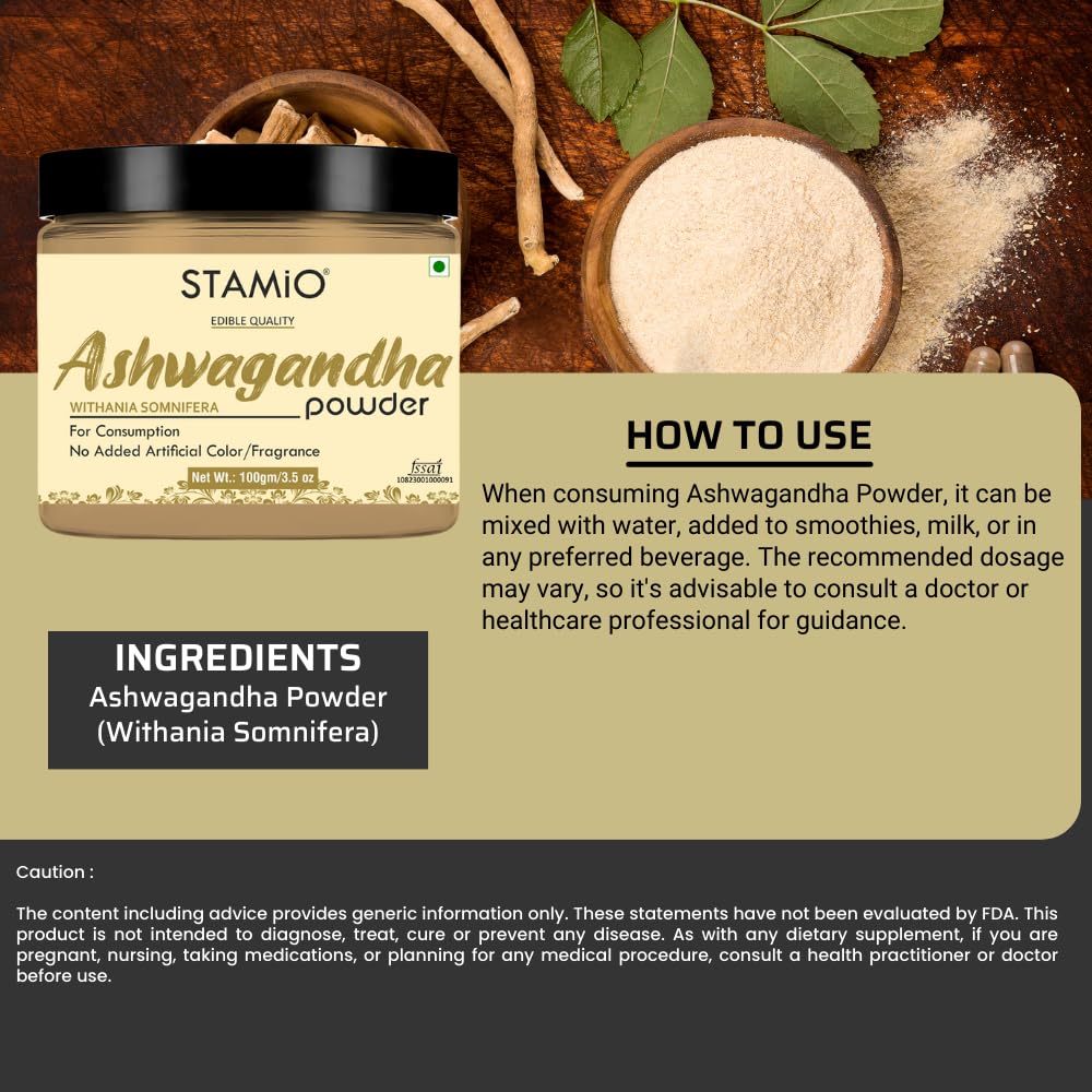 STAMIO Ashwagandha Powder 100 gm | Pure Withania Somnifera | In Jar 3.5- image 8