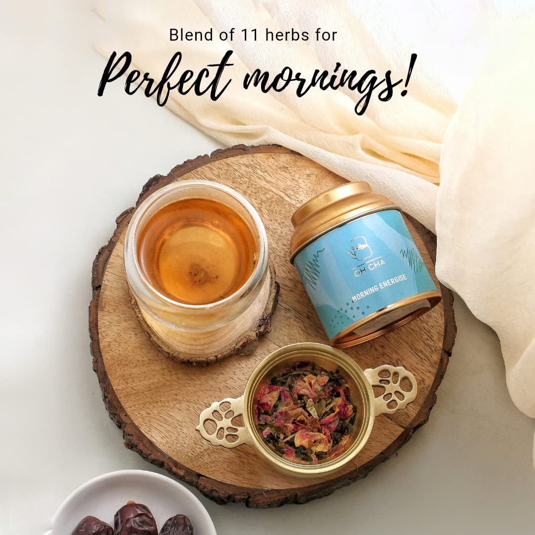 OH CHA - Green Tea, Morning Energise | Blended with 11 Magical Herbs, 100% Natural | Garden Fresh Whole Leaf Green Tea | Wellness Tea, Helps in Digestion, Metabolism, Weight Management | 35g Tin Caddy
