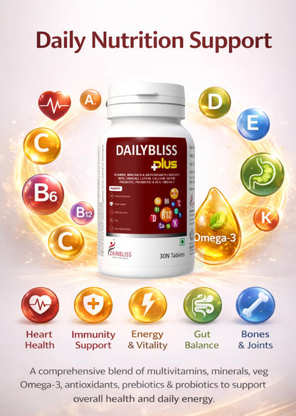 Dailybliss Plus Multivitamin Tablets – 30 Veg Tablets | With Veg Omega-3, Antioxidants, Vitamin B Complex, Calcium, Vitamin D, Biotin, Prebiotic & Probiotic | Daily Health Supplement for Energy, Immunity, Hair, Skin & Bone Support