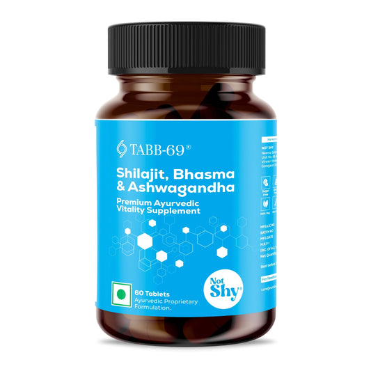 Not Shy TABB-69 | Ayurvedic Supplement with Shilajit, Ashwagandha, Kaunch Beej Safed Musli extracts, supports Energy, Stamina & Performance | 1 Bottle of 60 Tablets.