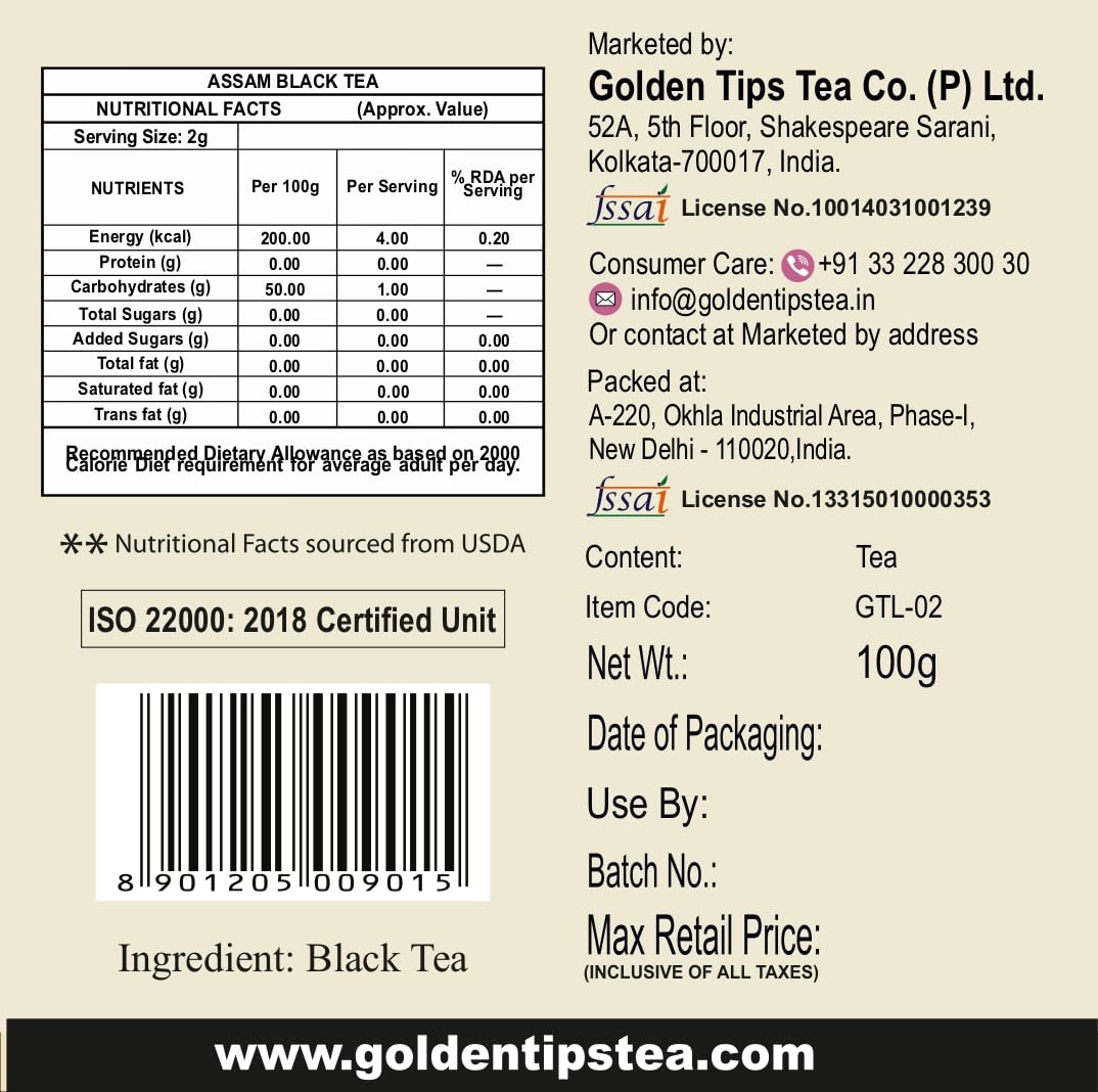 Golden Tips Garden Fresh Assam Long Leaf Black Tea (100 Gram, 50 cups)