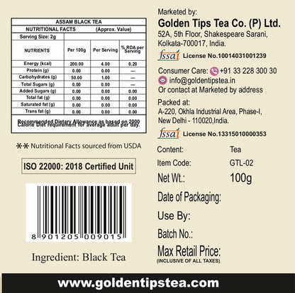 Golden Tips Garden Fresh Assam Long Leaf Black Tea (100 Gram, 50 cups)