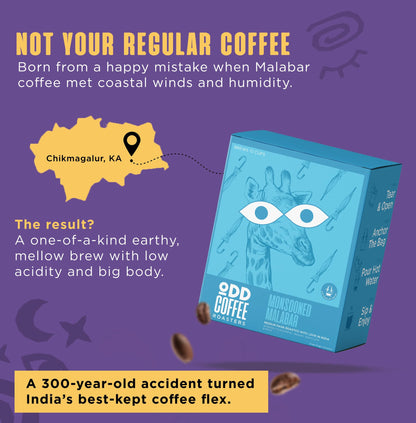 ODD COFFEE ROASTERS Easy Pour Over Coffee Drip Bags | Monsooned Malabar Medium Dark Roasted | Pack Of 10 Sachets Travel-Friendly 100% Arabica Coffee | Ready to Brew in 2 min Just Pour Hot Water