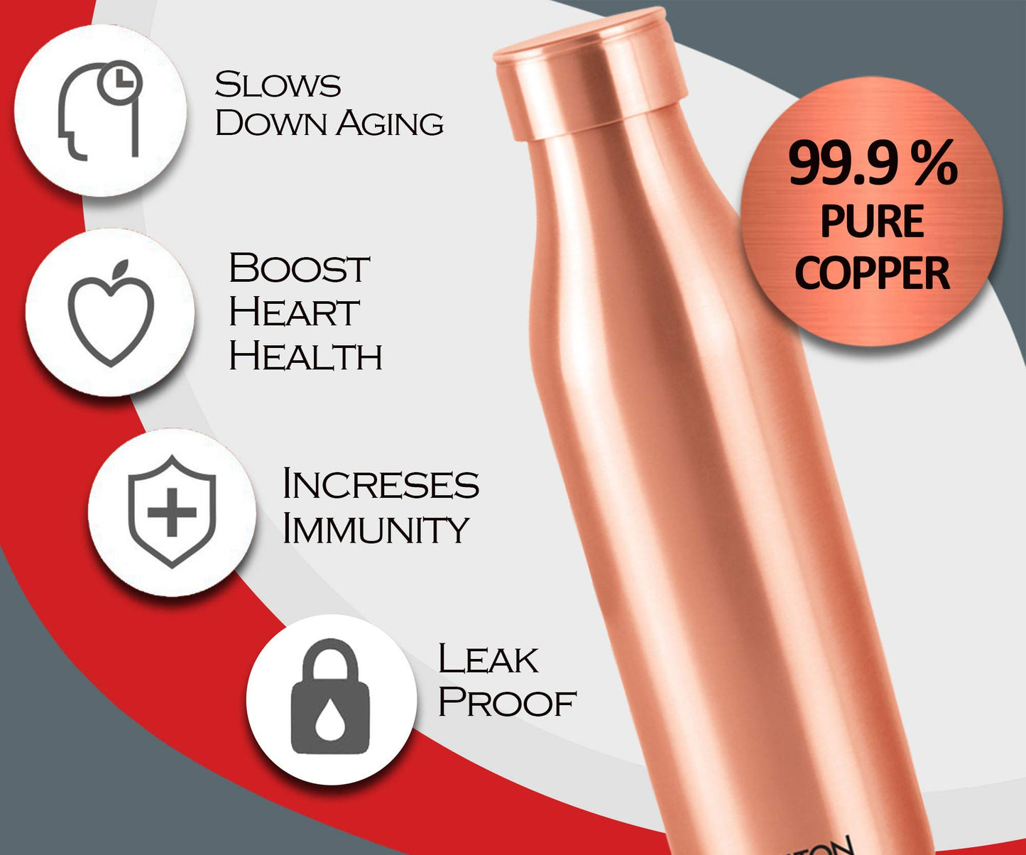 MILTON Copper Charge 1000 Water Bottle, 960 ml, 1 Piece, Copper Super 1000 Single Wall Stainless Steel Bottle, 1000 ml, Silver