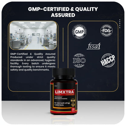 LIMXTRA Testosterone Support for Men | Ayurvedic Formula Ashwagandha, Shatavari, Gokshura, Kauch Beej, Biloba & Asian Red Ginseng | For Energy, Stamina, Vitality & Muscle Mass (20 Capsules)