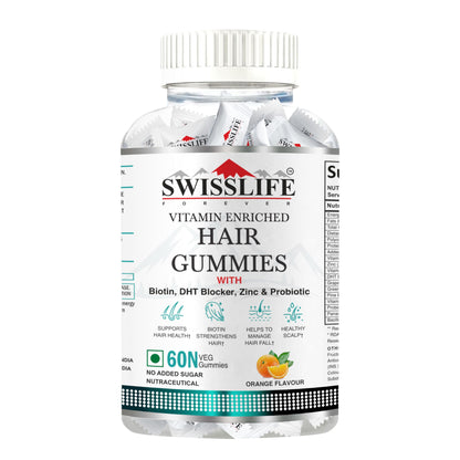 SWISSLIFE FOREVER Hair Gummies (60 Gummies) | Vitamin enriched Hair Gummies | Biotin, DHT Blocker, Zinc & Probiotics Improves Hair Health Scalp Health | For Men & Women Orange Flavour