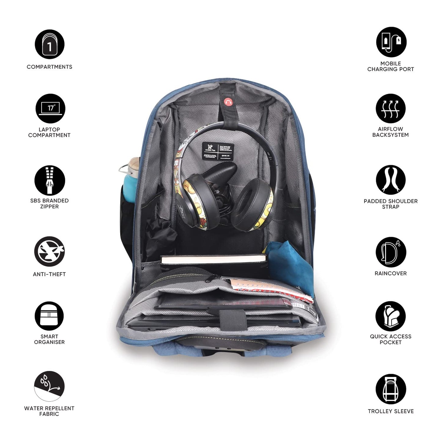Arctic Fox Kobra Gaming Laptop Backpack (Blue)| 27 Ltr Capacity|Water Resistant | Multipurpose Backpack |USB Cable holder Pocket|Rain Cover|Number Lock| Trolley sleeve|17" Unisex Laptop Backpack