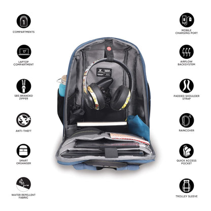 Arctic Fox Kobra Gaming Laptop Backpack (Blue)| 27 Ltr Capacity|Water Resistant | Multipurpose Backpack |USB Cable holder Pocket|Rain Cover|Number Lock| Trolley sleeve|17" Unisex Laptop Backpack