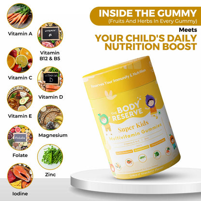 The Body Reserve's Super Kids Multivitamin Gummies Daily Essential Vitamins B C D E B12 & Zinc for Kids Growth, Development, Strong Bones, Teeth & Immunity Lemon and Strawberry Flavoured 30 Gummies