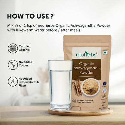 Neuherbs Organic Ashwagandha Powder | Ayurvedic Support for Stress, Mental Calmness & Anxiety Issues | Certified Organic - 100g