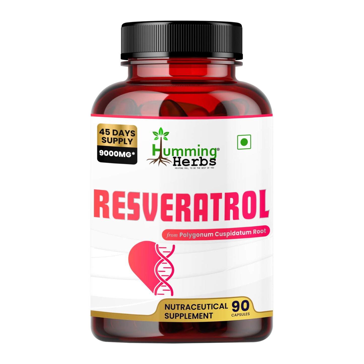 Humming Herbs Resveratrol 9000 mg Capsules | Supports Heart Health, Anti-Inflammatory & Antioxidant Benefits | 45 Days Supply | Vegan, Natural, High Potency | Nutraceutical Supplement - 90 Capsules