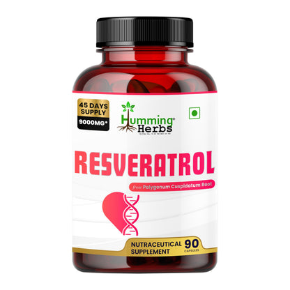 Humming Herbs Resveratrol 9000 mg Capsules | Supports Heart Health, Anti-Inflammatory & Antioxidant Benefits | 45 Days Supply | Vegan, Natural, High Potency | Nutraceutical Supplement - 90 Capsules