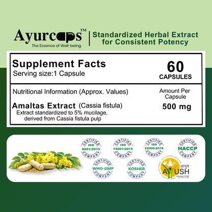 Ayurcaps Amaltas 500mg 60 Veg Capsules | Ayurvedic Herbal Digestive Support Supplement | Supports Gut Health And Natural Detox | Bowel Wellness And Daily Cleansing | Vegetarian, No Preservatives