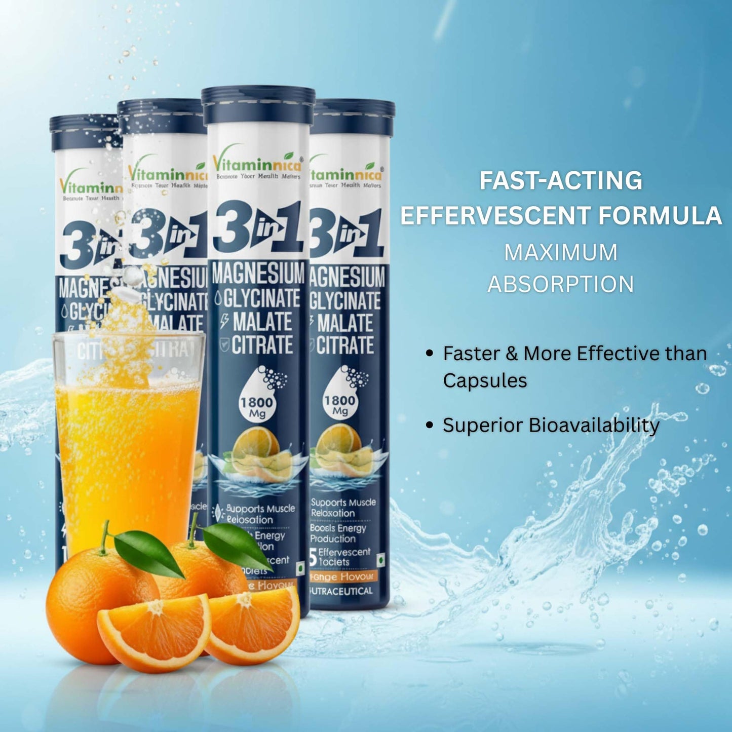 Vitaminnica Magnesium 3-in-1 Effervescent Tablets – Malate, Glycinate & Citrate Blend for Muscle Function, Relaxation & Daily Wellness – Orange Flavor – 15 Tablets (Pack of 4)