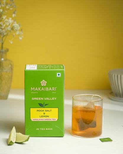 Makaibari Apoorva Green Valley Rock Salt and Lemon Darjeeling Green 25 Tea Bags | Rich in Anti-oxidants, Low -Caffeine, Made With Finest Ingredients