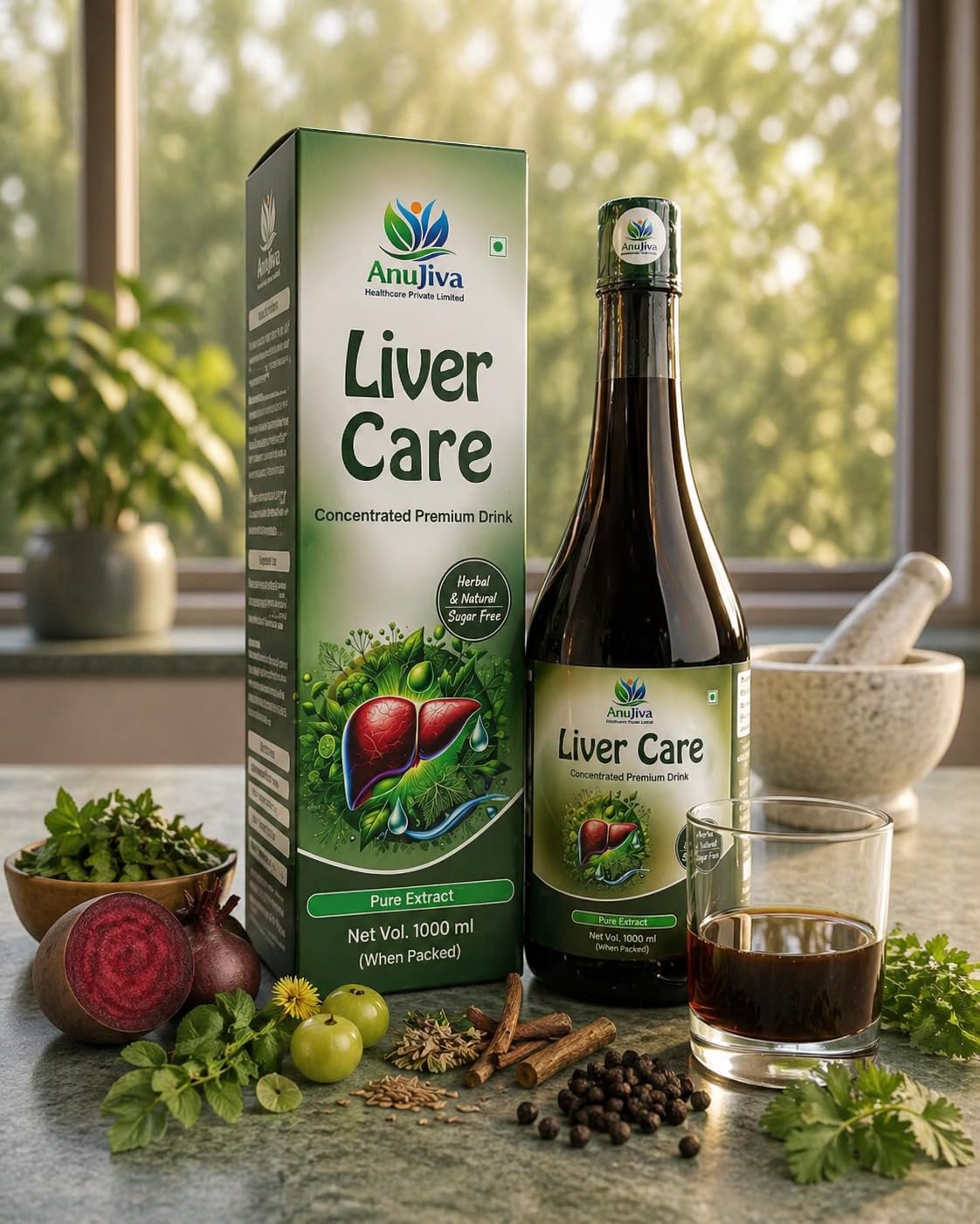 AnuJiva Liver Care Concentrated Premium Herbal Drink, Sugar Free, Pure Extract, Liquid, 1000 ml