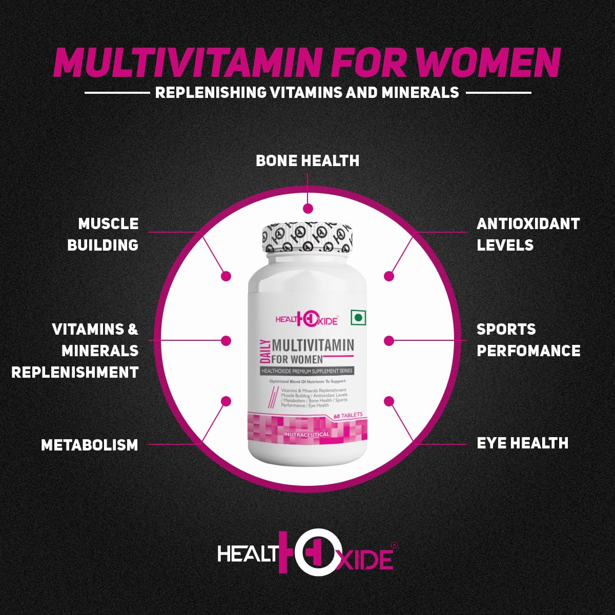 HealthOxide Daily Women Multivitamin Tablets 60 Tablets | Daily Vitamins & Minerals Supplement for Women | Energy Immunity Muscle Strength Eye Health Antioxidant Support | Wellness & Fitness Nutrition Tablets