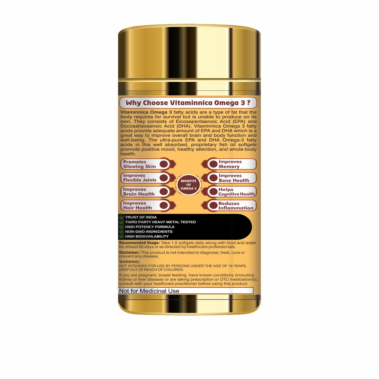 Vitaminnica Salmon Omega 3 Fish Oil Softgels Fatty Acids Great For Eyes, Skin, Heart, Joints & Brain Health || Double Strength (EPA & DHA) 60 Softgels for Men and Women (Pack of 1)