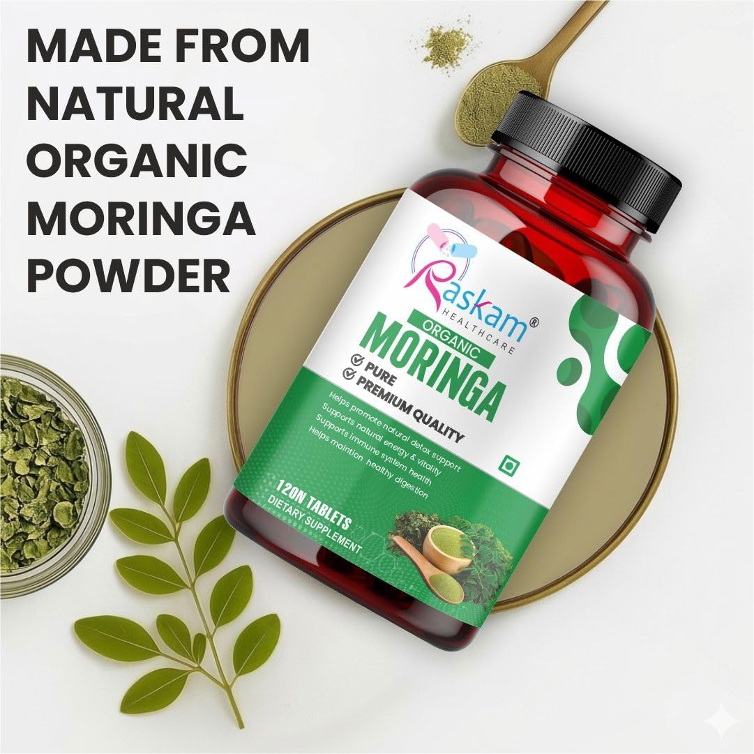 Raskam Organic Moringa Tablet with 1200mg Leaves Extract | Powder Tablets for Immunity, Digestion & Energy | Organic Leaves 120 Tablets