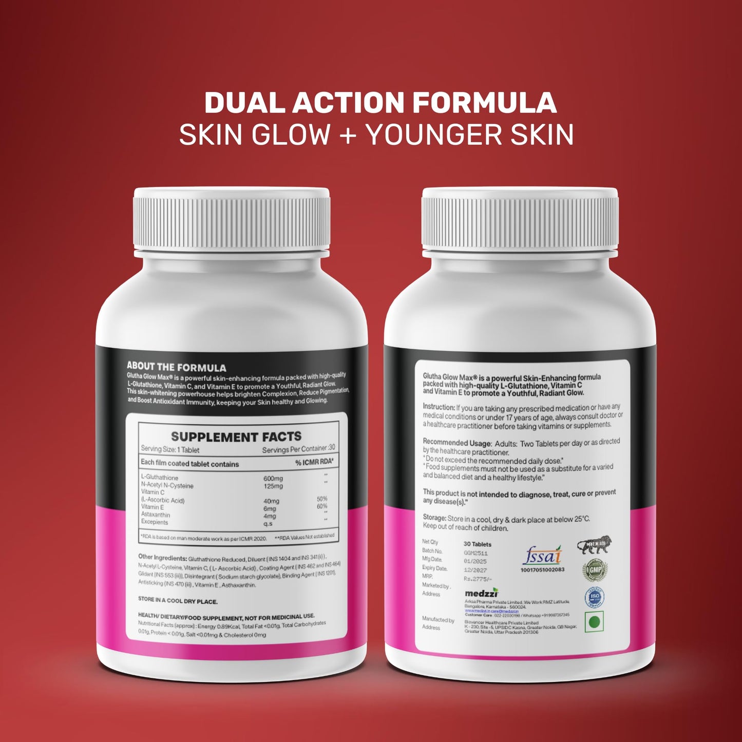 Medzzi Gluta Glow Max | L-Glutathione 600mg with Astaxanthin, N-Acetyl Cysteine, Vitamin C & E | Skin Radiance, Even Tone & Glow Support | For Men & Women | 30 Veg Tablets