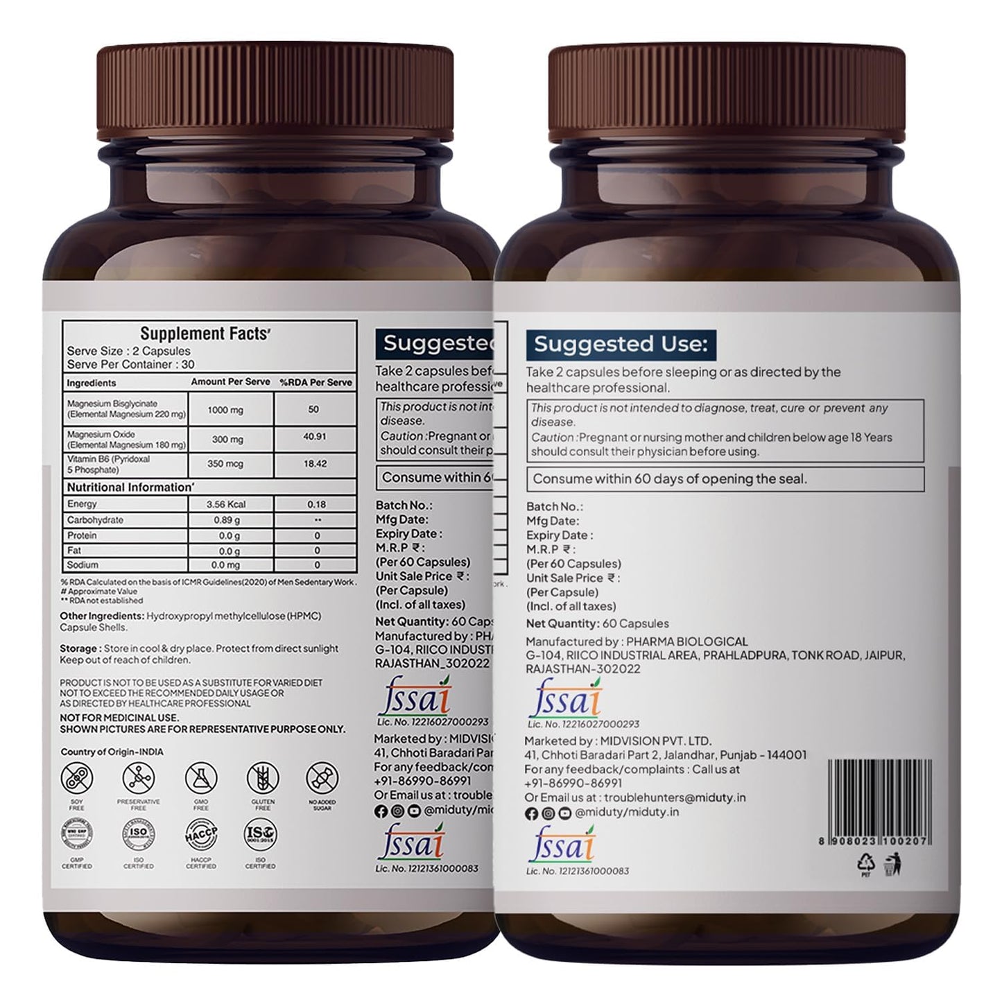 Miduty Chelated Magnesium Bisglycinate (Glycinate) - 1000mg Supplement For Muscle Recovery, Better Sleep & Stress Relief | Vitamin B6 - High Absorption | Cramps & Migraine Relief - 60 Veg Capsules