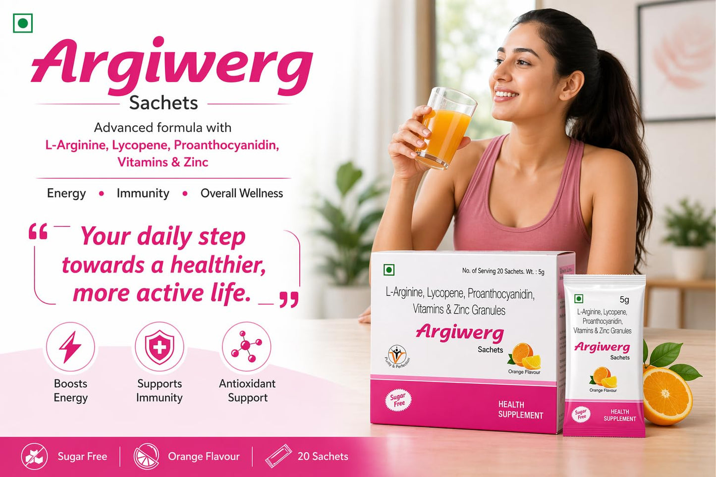 Argiwerg L-Arginine, Lycopene, Proanthocyanidin, Vitamins & Zinc Granules Sachets for Men & Women | Energy, Stamina & Antioxidant Support Drink Mix | Orange Flavour | 20 Sachets (Pack of 2)
