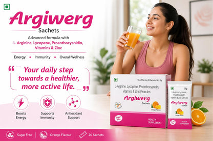Argiwerg L-Arginine, Lycopene, Proanthocyanidin, Vitamins & Zinc Granules Sachets for Men & Women | Energy, Stamina & Antioxidant Support Drink Mix | Orange Flavour | 20 Sachets (Pack of 2)