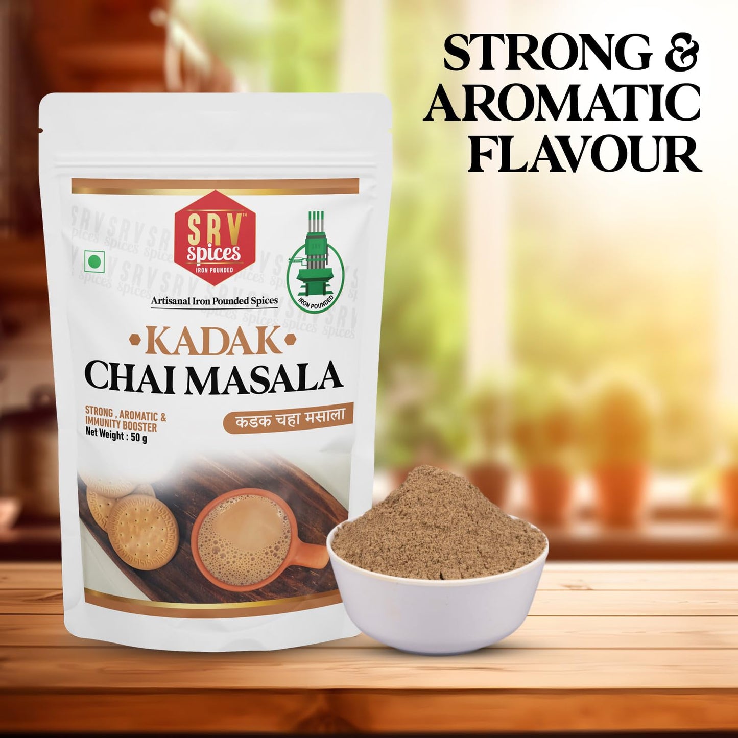 SRV SPICES Tea Masala Powder 50Gm | Kadak Chai Masala With 7 Aromatic Spices, Organic Ingredients, Refreshing, Immunity Booster With No Preservative (50 g)