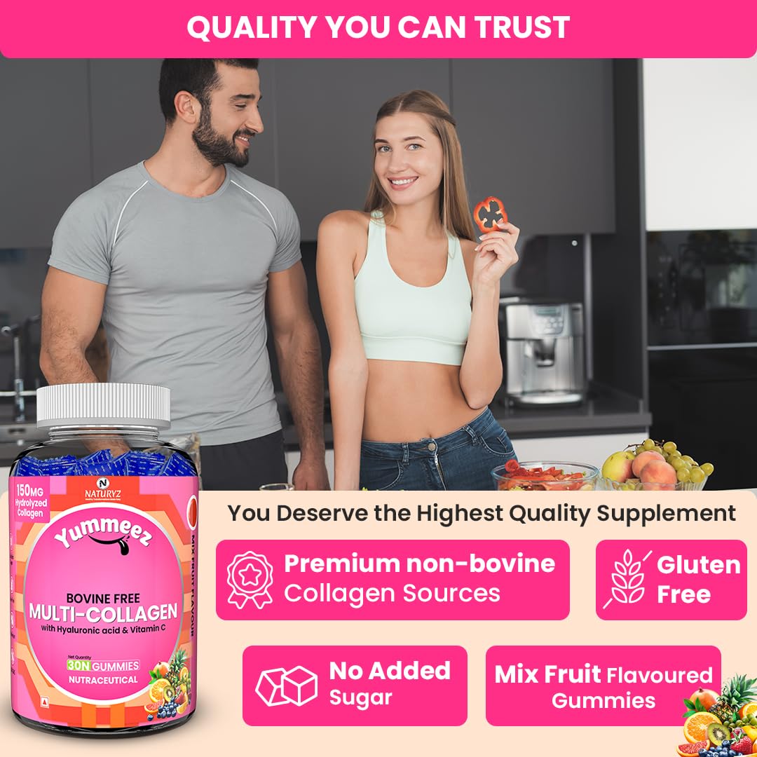 Naturyz Bovine Free Multi Collagen Gummies for Skin Health | Hyaluronic Acid, Vitamin C, Vitamin E & Biotin | Skin Elasticity, Hydration & Glow Supplement | Hydrolyzed Peptides with Type I, II, III, V & X | Easy-to-Absorb Gummy | No Added Sugar, Delicious