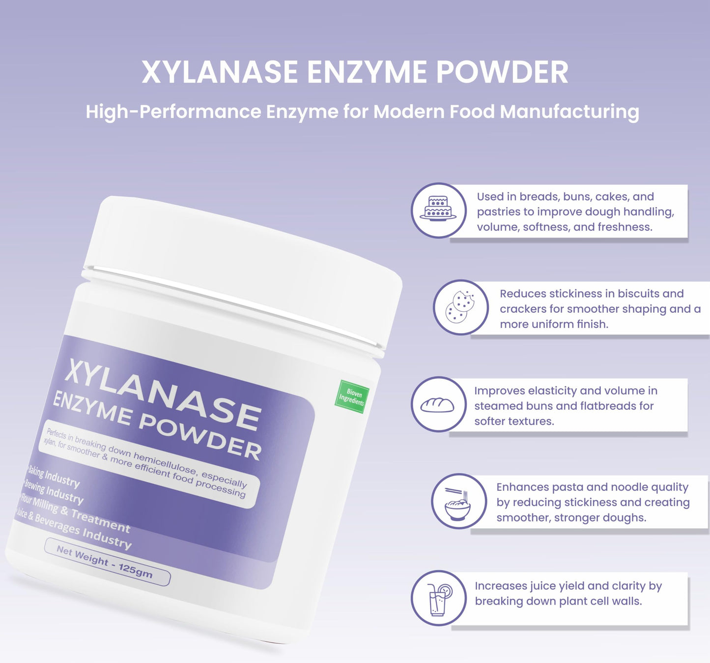 Bioven Ingredients Fungal Xylanase Enzyme Powder (gm, 125), Dietary Supplements/Food and Beverages, Broad pH Range of Activity, Excellent Thermostability, Degrades Xylans, No Filters/Binder