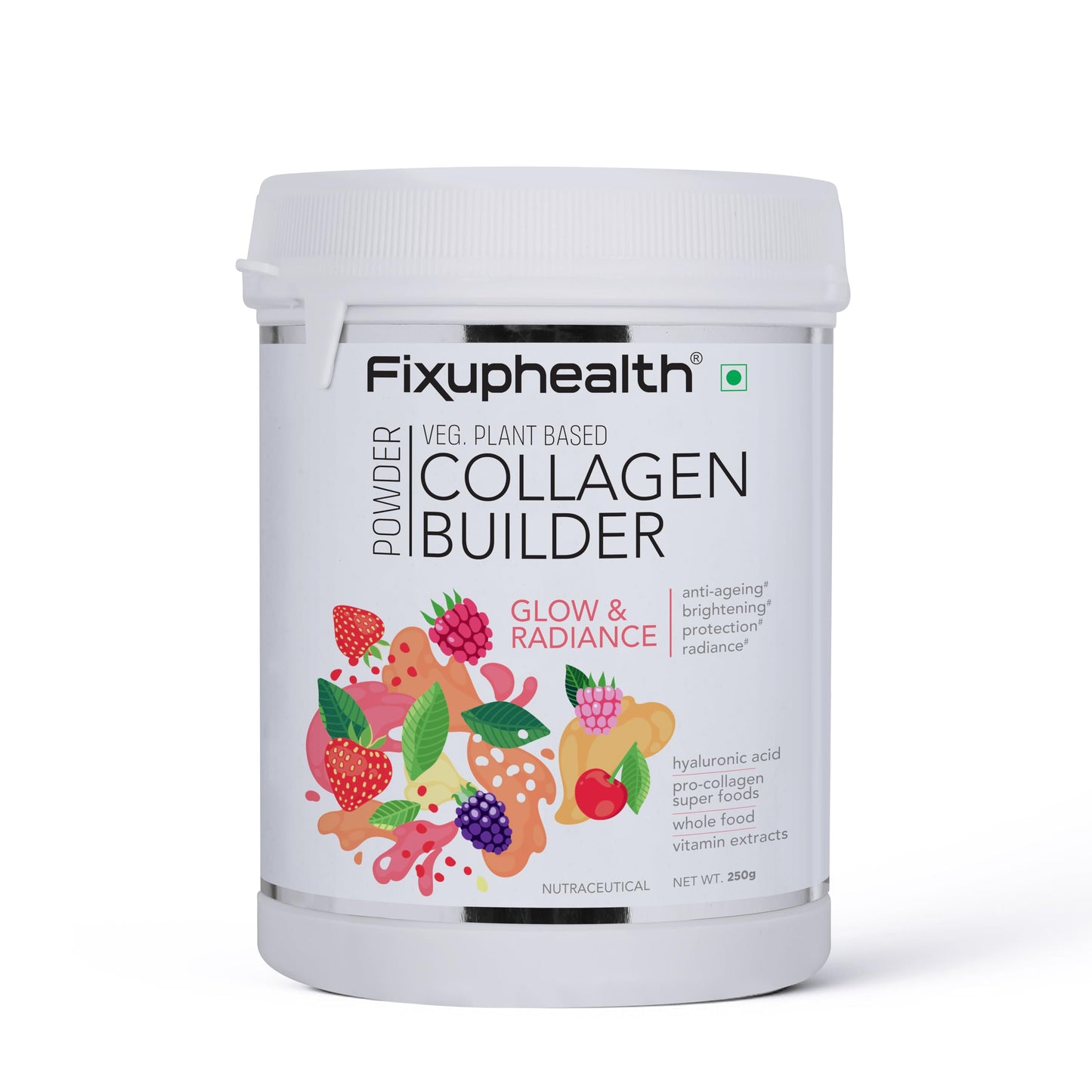 Fixuphealth Collagen Builder Veg Plant based powder for Women and Men for Skin Glow with Hyaluronic Acid Glutathione Vitamin Extracts Pro collagen super food 250 gram Strawberry flavour No added sugar