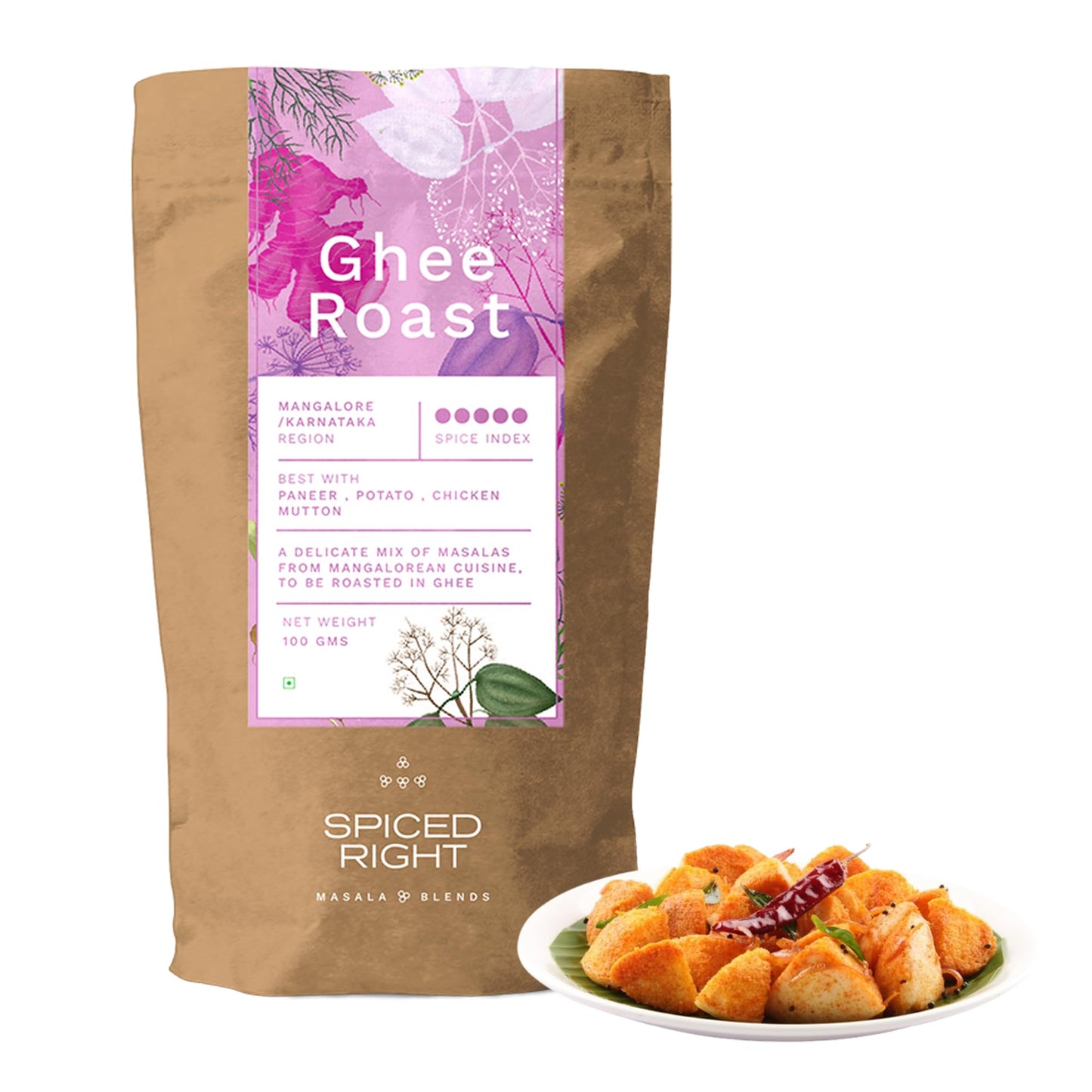 Spiced Right Mangalore Ghee Roast Masala 200gm - Authentic Mangalorean Curry Spice Masala Blend with Garlic for Chicken, Prawn, Mutton, and Veg Dishes - No Artificial Colouring or Flavouring.