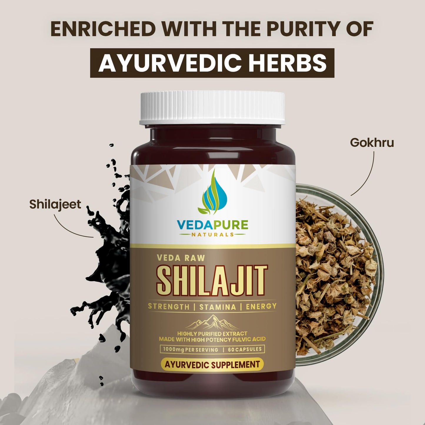 VEDAPURE Shilajit | Raw Shilajit Capsules with Gokhru (Tribulus Terrestris) | Original Gold Shilajit Capsules for Men & Women to built Strength & Stamina | Lab Tested Shilajit-60 Capsules (1)