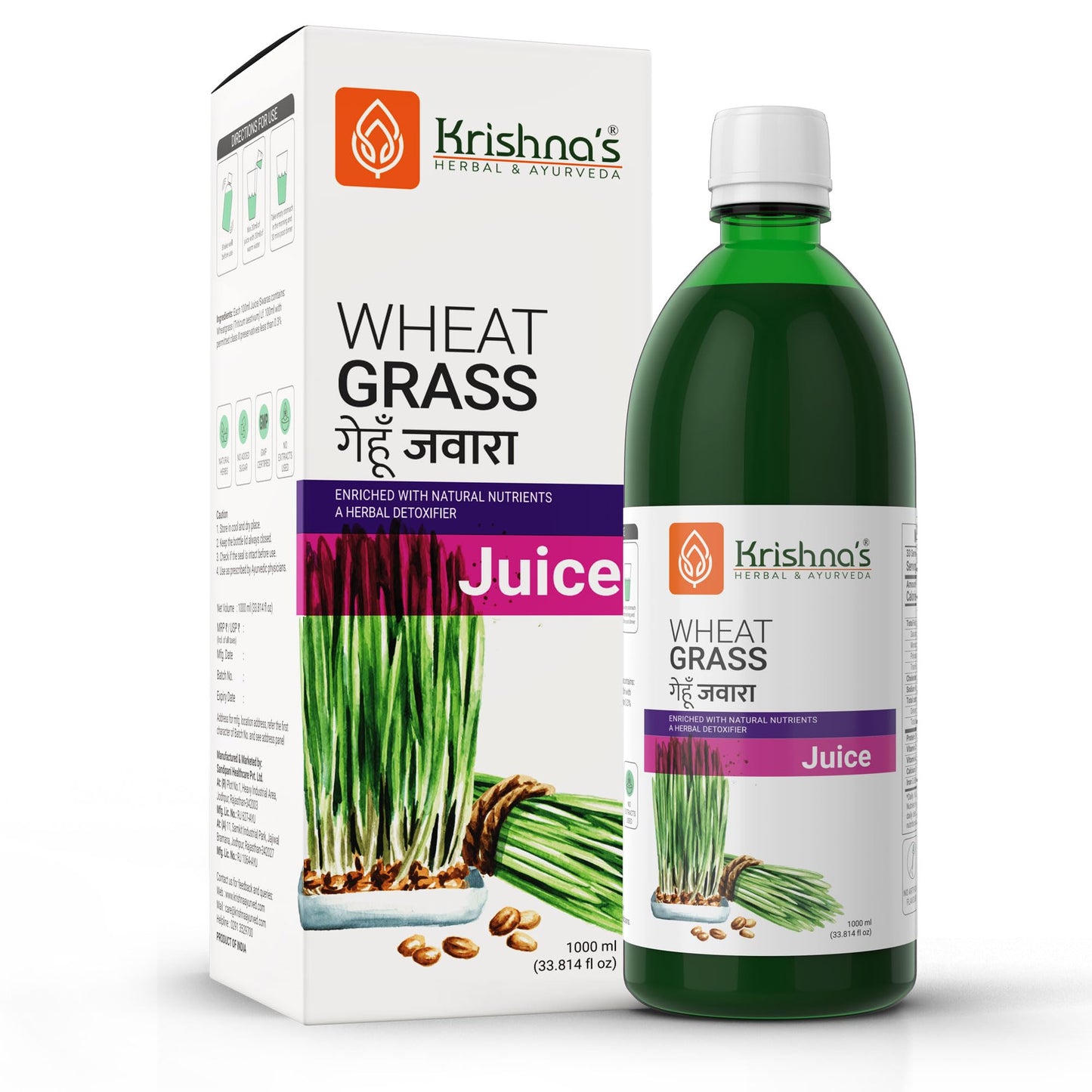 Krishna's Wheatgrass Juice - 1000 ml | (Pack Of 2) | Finest Herbal Detoxifier | Builds a Strong Immune System