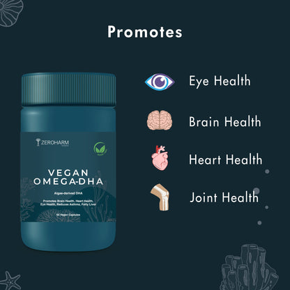 ZEROHARM Vegan Omega 3 Capsules for Men, Women, Kid (60 Capsule)- Algae Omega 3 Fatty Acid Capsule with DHA- Health Supplement For Heart, Brain, Eye, Skin, Muscles, Bone & Joint Support - Vegetarian