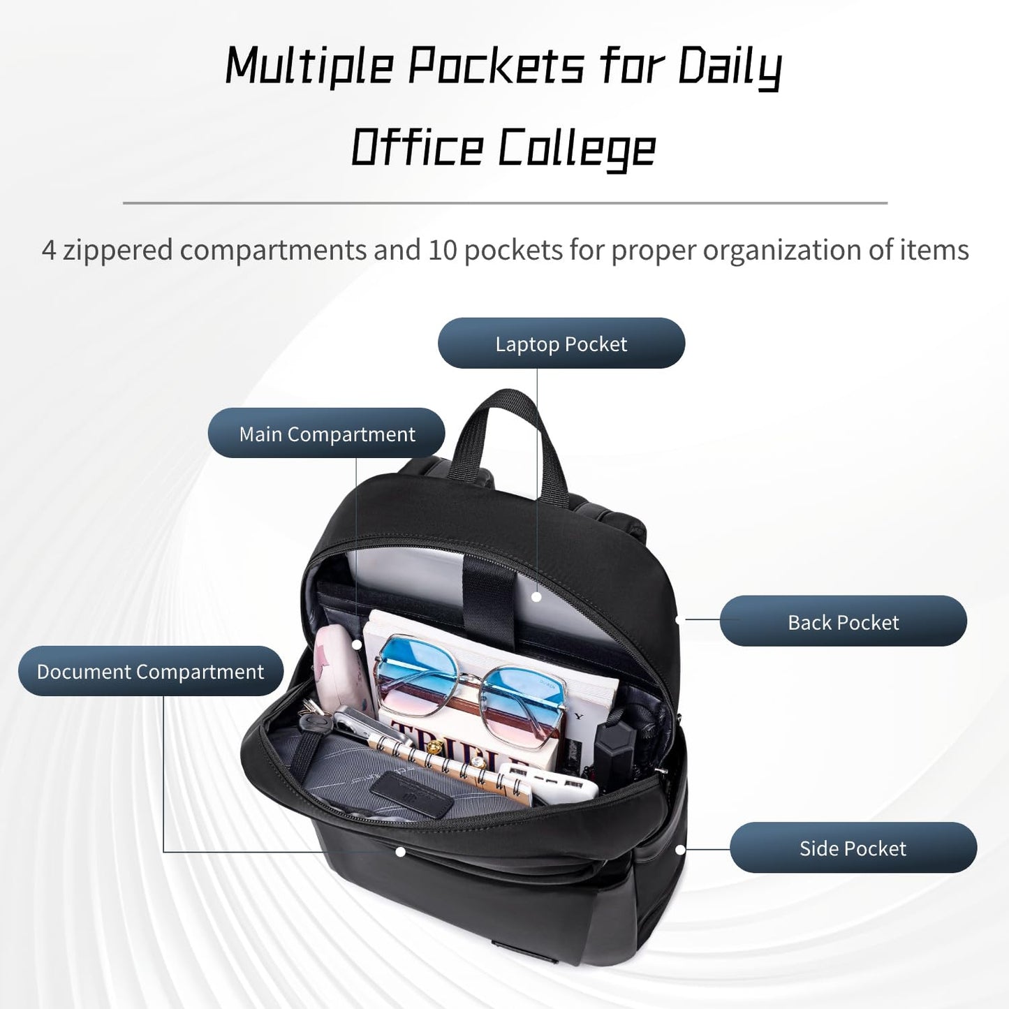 Arctic Hunter Slim Laptop Backpack for Men Women 16L Nylon Water Repellent Lightweight Multiple Pockets Daily Backpack with Metal Buckle for Daily Office College (Black)