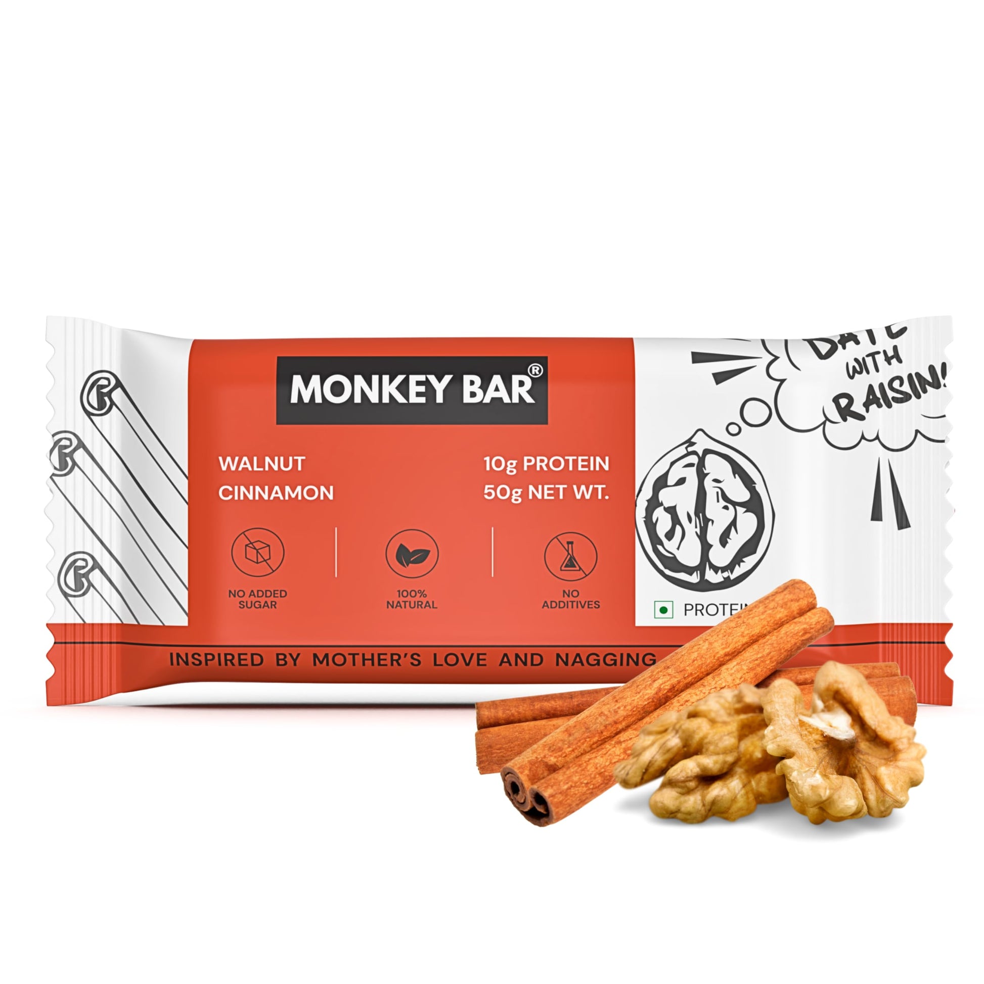 MONKEY BAR - Walnut Cinnamon Protein Bar - 8 Bars, 50g each, 10g Protein, High P
