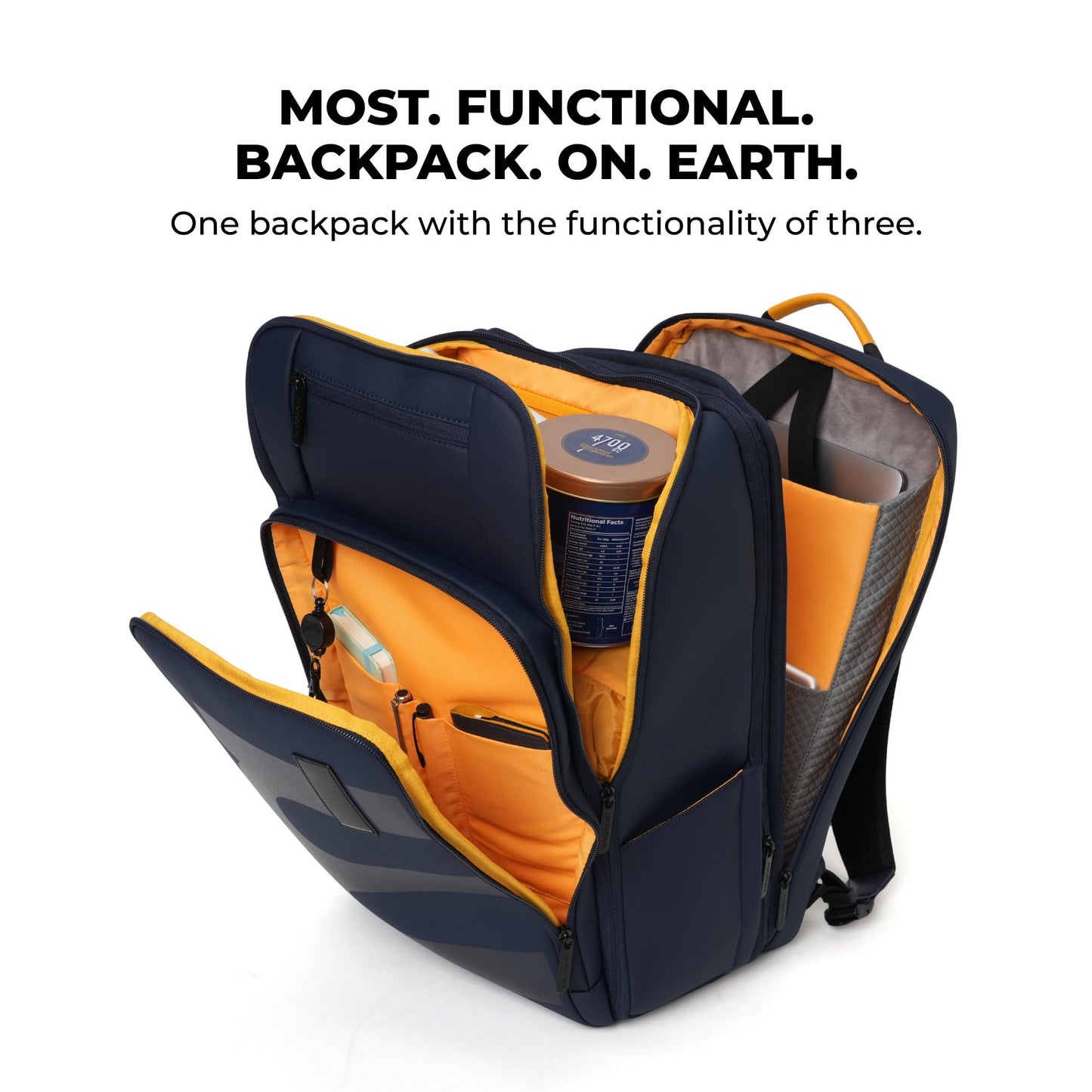 MOKOBARA Em Telescope Backpack | 30L Expandable to 38L | Fits 16 inch Laptop | Water-Resistant Vegan Leather & Nylon | Travel, Work & School | Ergonomic Design, Padded Straps | Navy Blue
