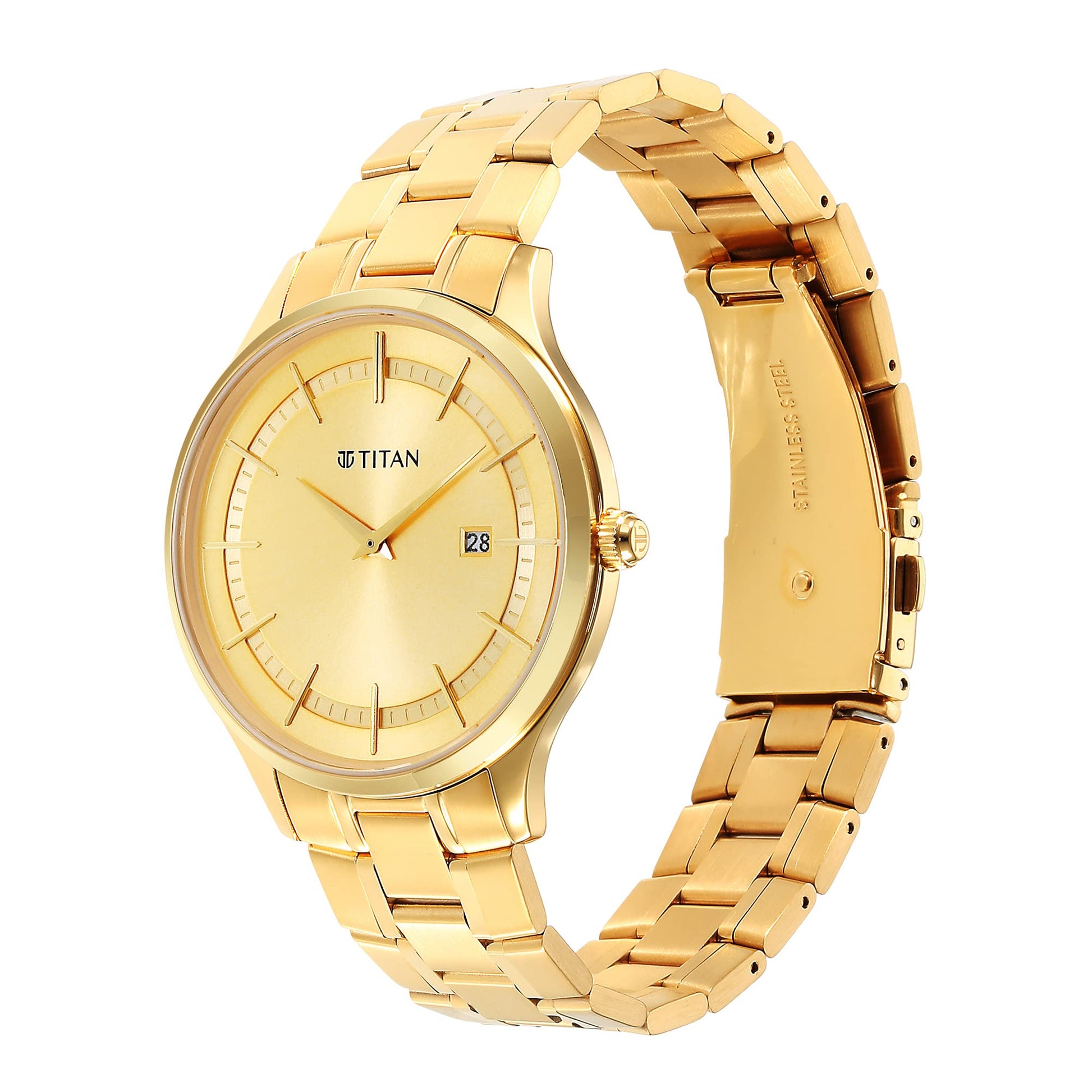 Titan Classique Slimline Champagne Dial Analog with Day and Date Stainl- image 4