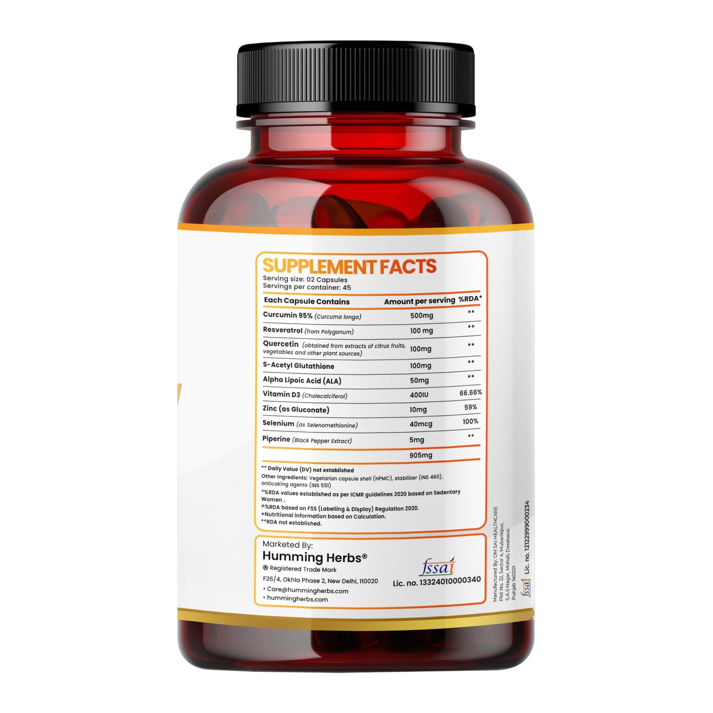 Humming Herbs Curcumin 905mg with Resveratrol, Quercetin, Vitamin D3, Zinc, Alpha Lipoic Acid & Piperine | 9-in-1 Herbal & Nutrient Blend | 90 Veg Capsules | 45 Days Supply