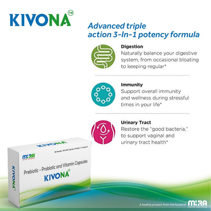 KIVONA from MIRA Healthcare. Prebiotic, Probiotic and Vitamin capsules, 1 strip of 10 capsules each