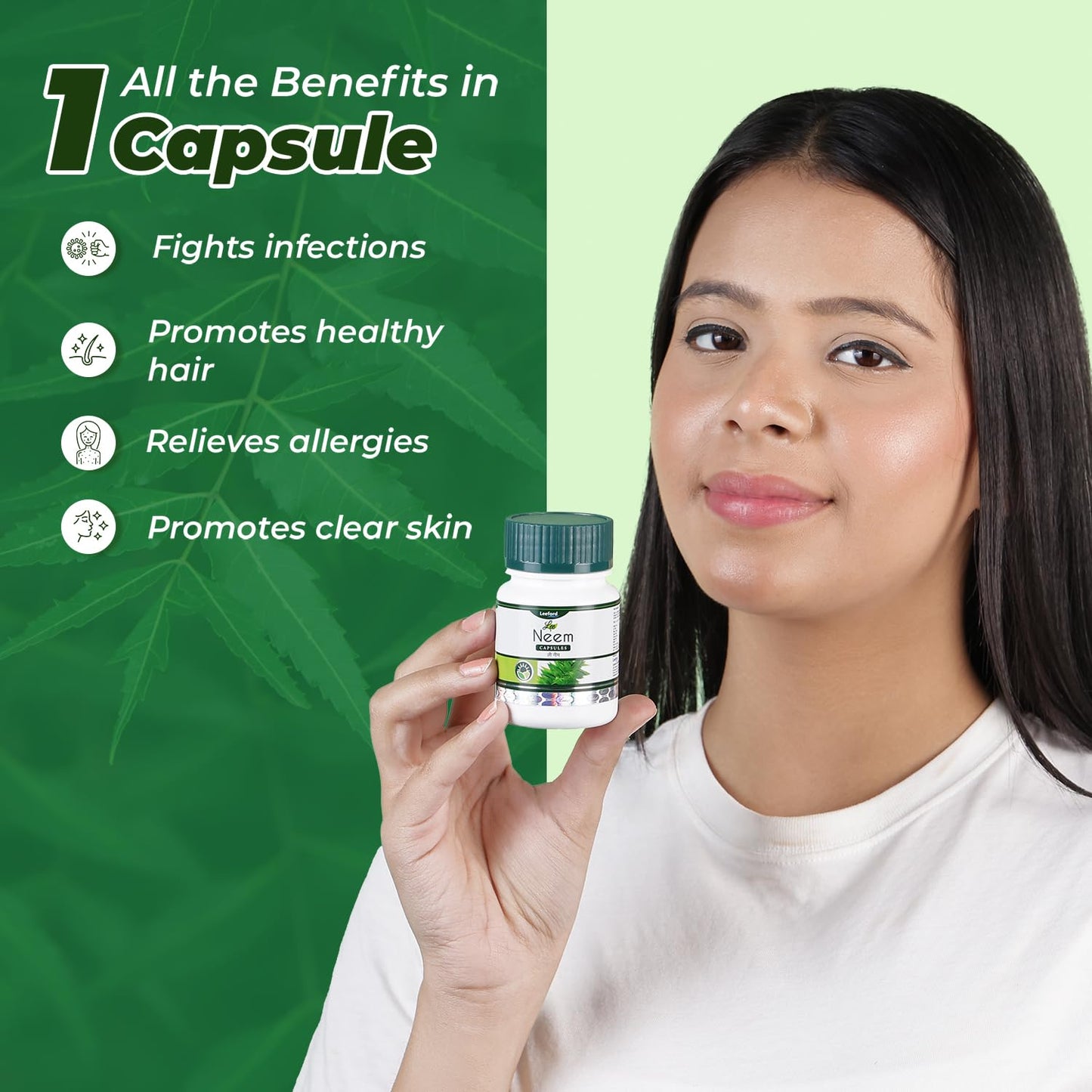 Lee Neem Capsules | Pure Neem Extract Supplement | Natural Protection Against Allergies & Infections | Promotes Clear Skin & Healthy Hair | 60 Capsules (Pack of 2)