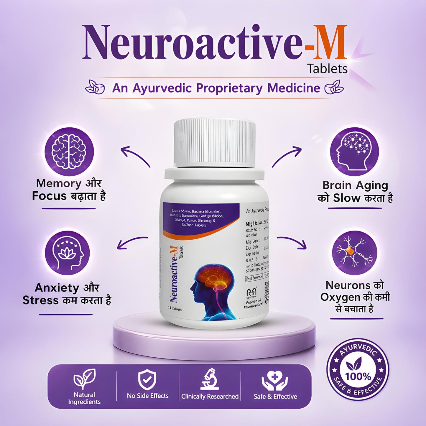 Neuroactive-M Supports Brain Health, Focus, Memory Booster for Adolescent, Students & Adults, Mental Clarity, Sleep Disorder, Depression and Anxiety, Dementia, Nervous Injury, Post Stroke 15 tablets