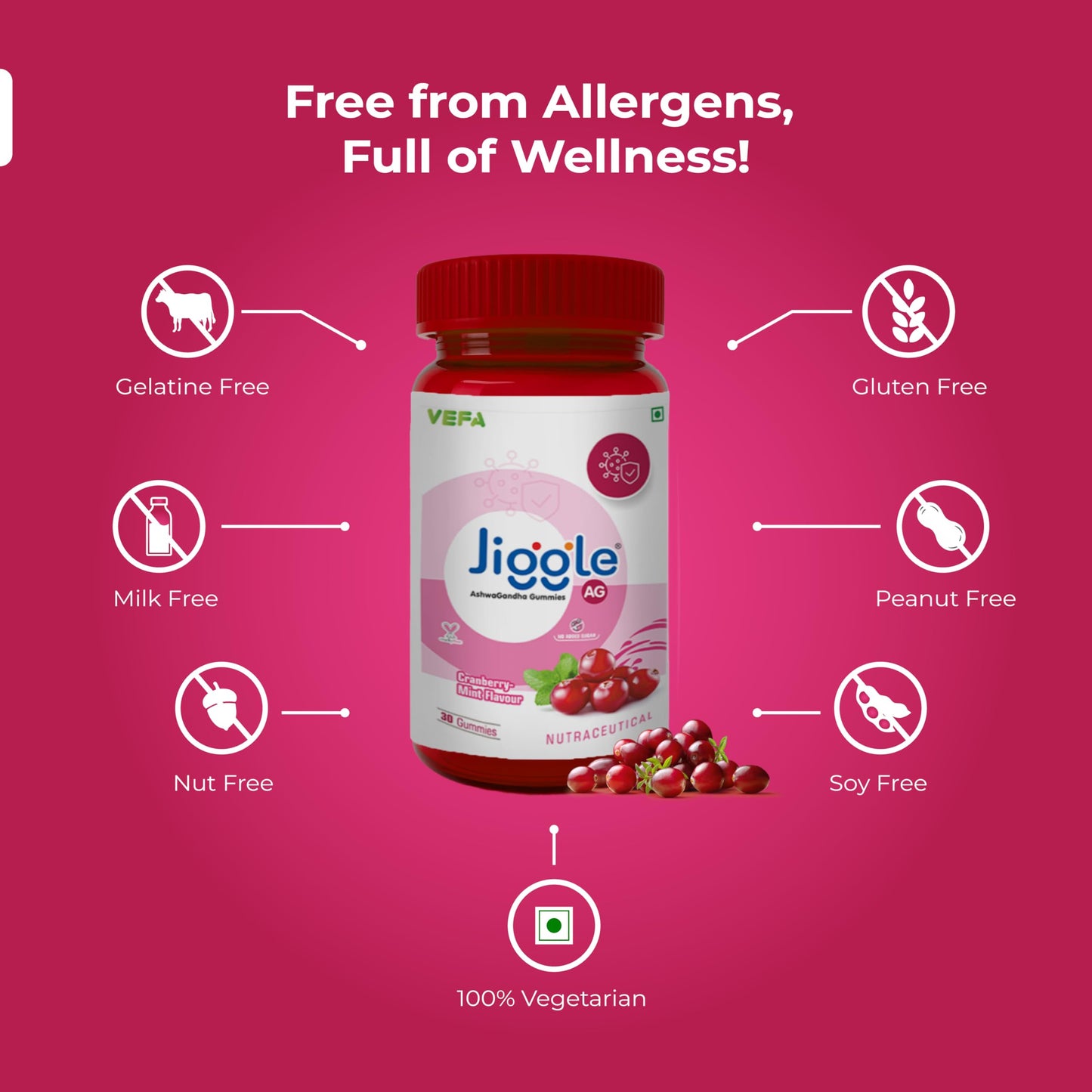 Jiggle AG Ashwagandha Gummies I Stress Relief Adoptogen Ashwagandha I Aswagandha Root Extract I Energy Boost I Immunity I Mood I No Added Sugar I Cranberry-Mint Flavour I 30 Gummies
