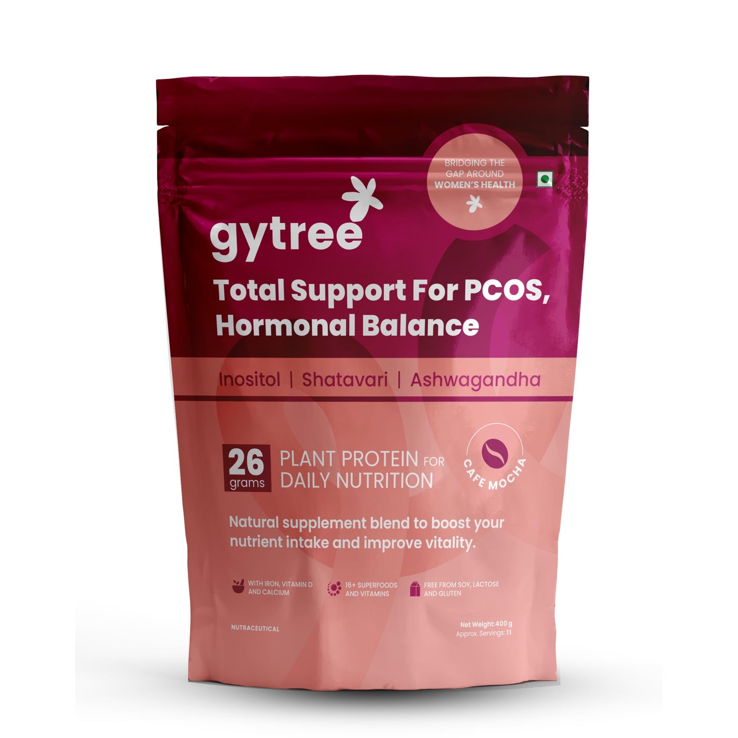 Gytree PCOS Plant Protein Powder | With Inositol for Hormonal Balance, Weight Management & Acne Support | 26g per Serving of Vegan Protein from Pea & Brown Rice | Cafe Mocha Flavor (400g)