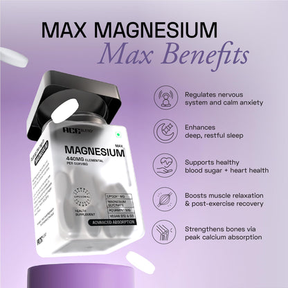 Ace Blend Max Magnesium Glycinate (120 tablets) | 1600mg Triple Complex | 440mg Elemental Magnesium | Calcium, Vegan Vitamin B12 & D3 | Promotes Deep Sleep, Muscle Recovery & Heart Health
