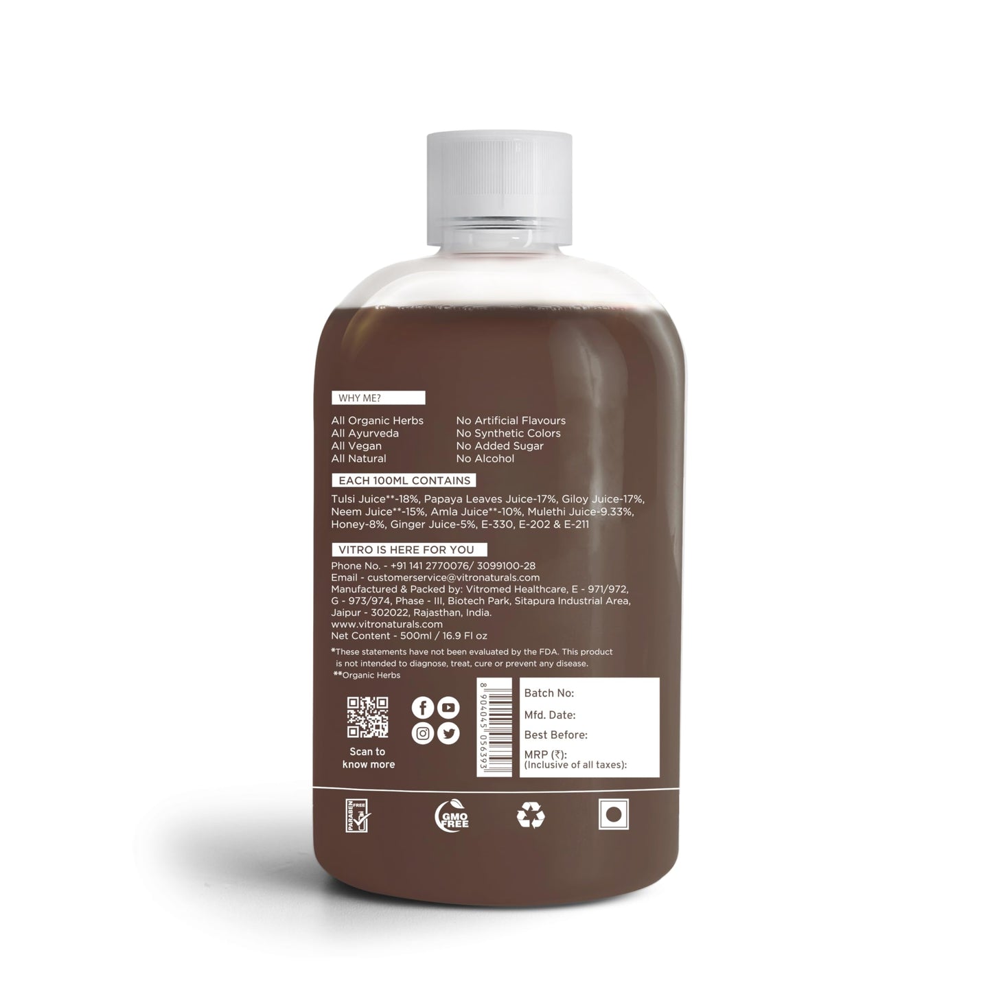 Vitro Dangee+ Juice 500ml | Papaya Leaf Juice with 7 Herbs Fresh Papaya Giloy, Neem, Tulsi & Mulethi | Supports Immunity & Healthy Boost Platelet Count |