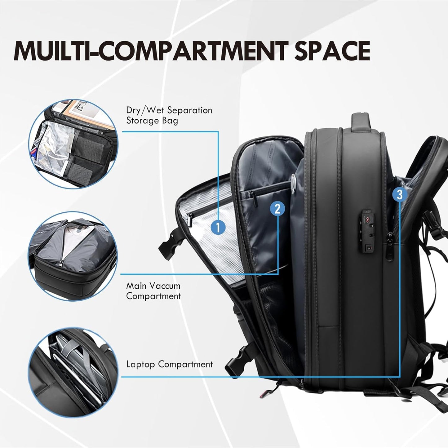 Meyaar Vacuum Compression Travel Backpack for Airplane, 60L Expandable, Anti-Theft, 17.3 inch Laptop Backpack With TSA Lock, Business Backpack Carry-On Luggage (With Air Pump & Waist Bag)